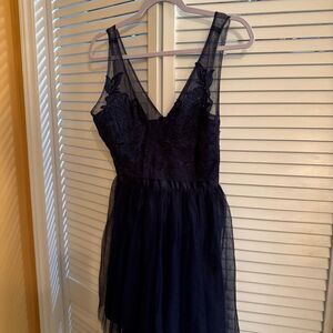 PromGirl Navy Blue appliqué and tulle Mesh Dress